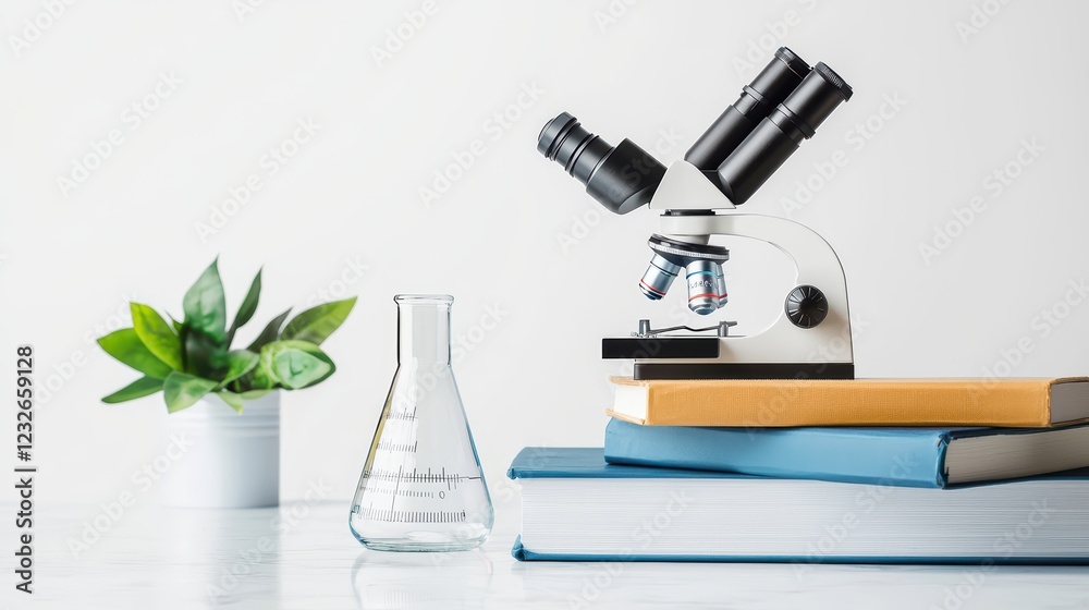 Poster laboratory microscope with books and flask on clean table surface
