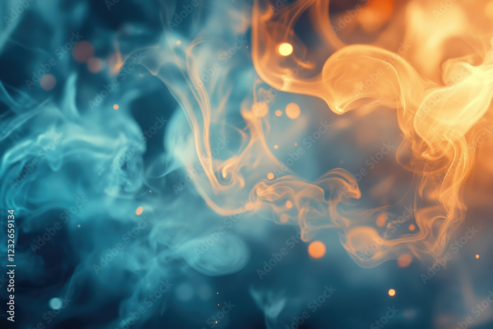 Aufkleber Abstract swirling teal and orange smoke with bokeh lights, creating a mystical and ethereal atmosphere.