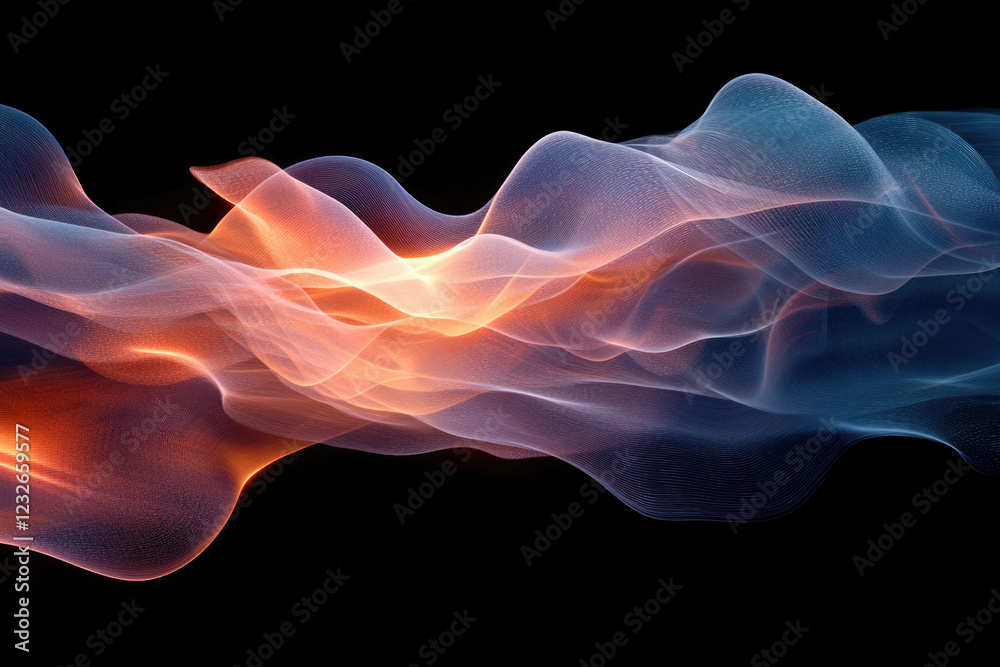 Poster abstract flowing wave design with orange and blue hues on a transparent background.