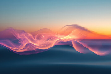 Abstract artwork depicting flowing, translucent waves of pink and orange against a sunset backdrop.