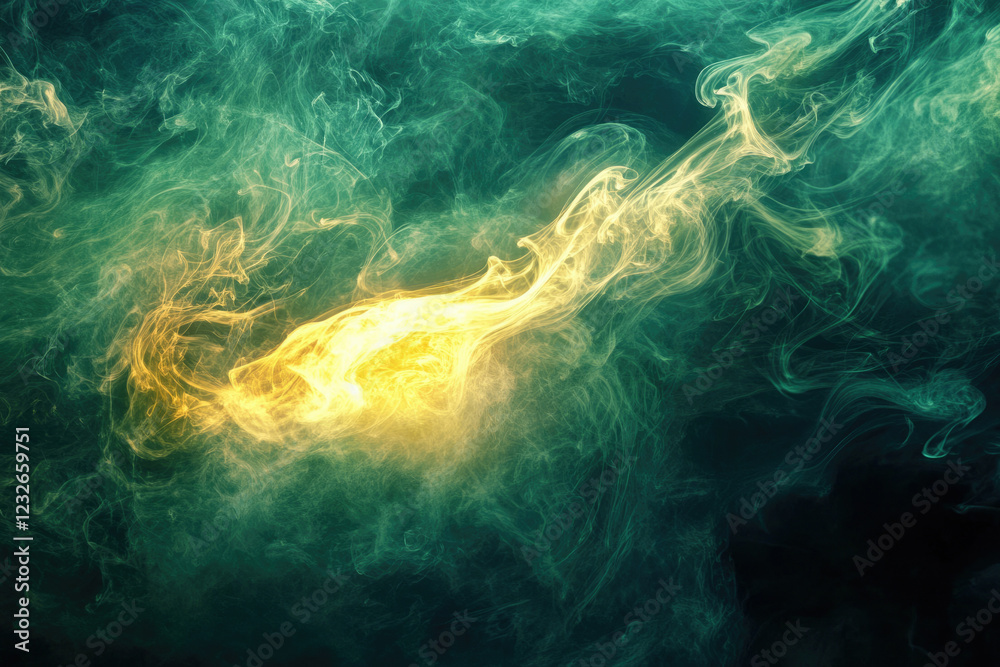 Poster abstract swirling smoke with teal and yellow hues, creating a mystical and ethereal atmosphere.