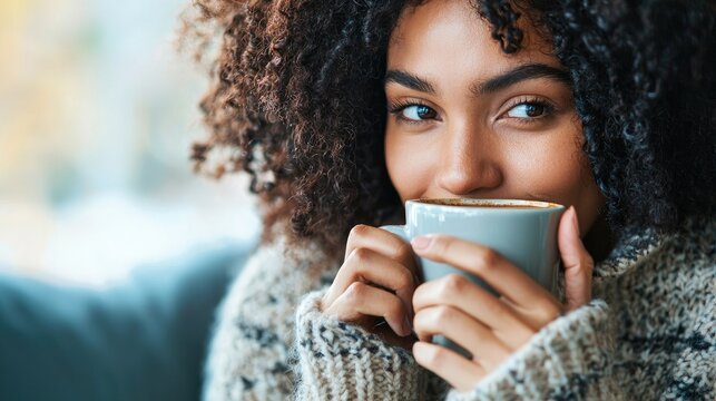 A person wearing a cozy sweater while sipping a warm drink on a chilly winter morning. 
