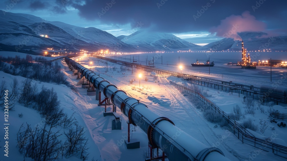 Poster a long pipeline stretches through a snow covered landscape, illuminated by artificial lights against