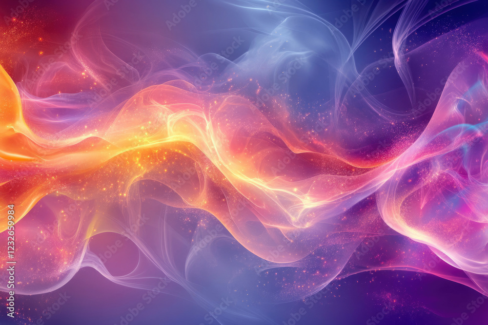 Poster abstract art depicting vibrant, flowing nebulae with sparkling particles, creating a dreamy and ethe