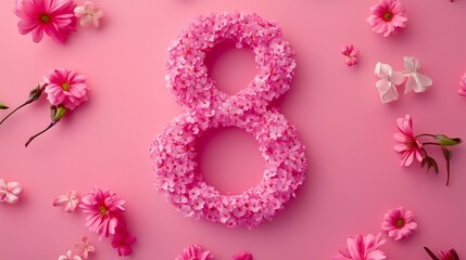 Floral Number Eight Decoration. Floral number 8 made of pink flowers on pink background, ideal for International Women's Day and spring celebrations.