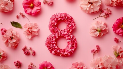 Floral Pink Number Eight Design. Pink floral number 8 on a pink background. Ideal for International Women's Day, Mother's Day, or spring designs.