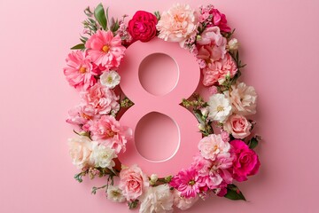 Floral Number Eight Composition. Number 8 made of colorful flowers on a pink background, perfect for celebrations, weddings, or spring events.