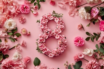 Floral Number Eight on Pink. Floral number 8 on a pink background, perfect for celebrating Women's Day or Mother's Day. Ideal for greeting cards and design.