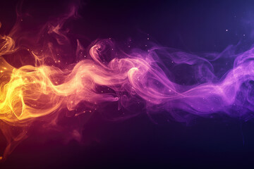 Abstract swirling smoke with vibrant purple and gold hues, glittering particles.