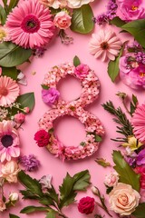 Floral Number Eight Decoration. Floral number 8 on pink background with flowers for birthdays and anniversaries. Ideal for feminine and celebratory designs.