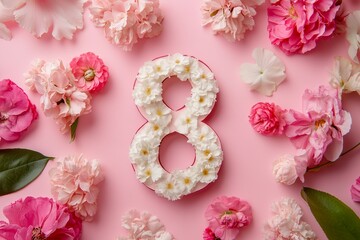 Floral Number Eight on Pink Background. Floral number 8 on pink background, ideal for spring designs and celebrations like International Women's Day.