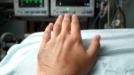 Close-up of Human Hand Reaching Out in Hospital Setting