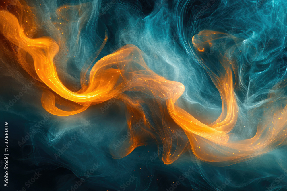 Poster abstract artwork depicting swirling, luminous teal and orange smoke, creating a dynamic and ethereal
