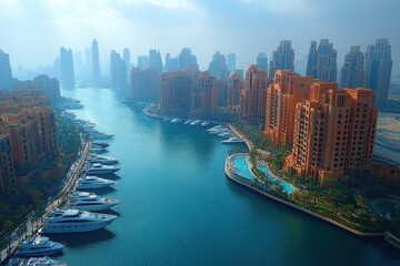 Fototapeta premium Modern waterfront development at sunset with yachts and tall buildings in a bustling city skyline