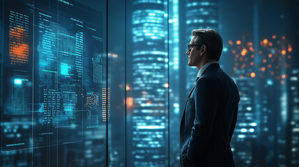 A visionary CEO in an ultra-modern glass office, dressed in a high-end tailored suit, standing with confidence as holographic financial charts float around. Neon cityscape reflections on the glass win