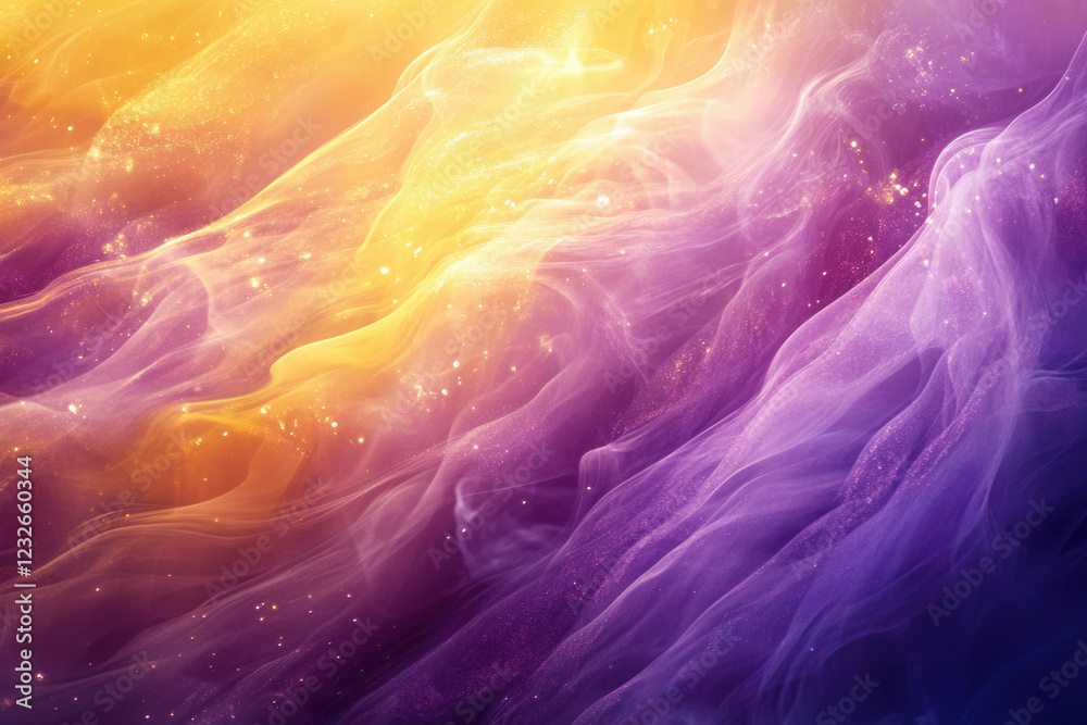 Poster abstract image of flowing purple and gold fabric with glitter, creating a dreamy, ethereal effect.