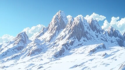 Fototapeta premium Snowy mountain range landscape, sunny day, clouds, travel poster