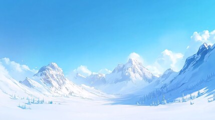 Naklejka premium Snowy mountain range, sunny winter landscape, background clouds, idyllic scene, website banner