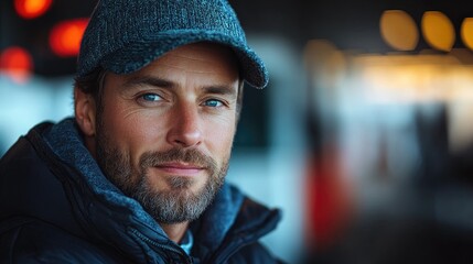 Close-up portrait of a man with a cap looking directly at the camera with a blurred background
