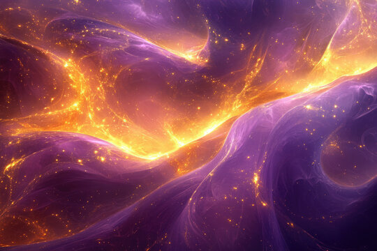 Abstract cosmic landscape with swirling nebulae, vibrant purple and golden hues, and glittering stardust. - Powered by Adobe