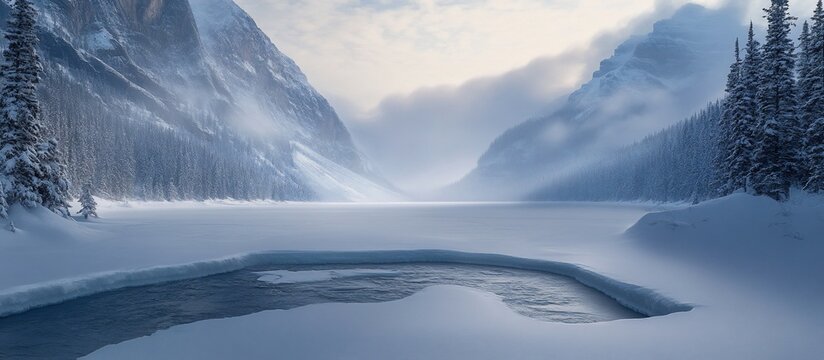 Frozen lake, mountain valley, winter mist, snowy pines, scenic calendar