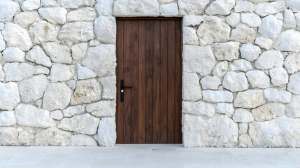 Wooden door in white stone wall house