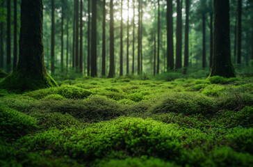Obraz premium Moss-covered ground in the forest, surrounded by tall trees. 