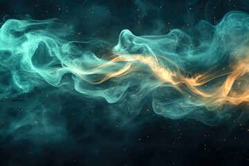 Fototapeta premium Abstract cosmic artwork depicting swirling teal and gold nebulae with glittering stars.