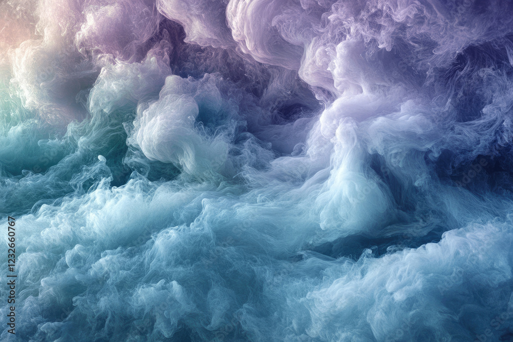 Poster abstract image of swirling, pastel-colored smoke or clouds, creating a dreamy and ethereal atmospher