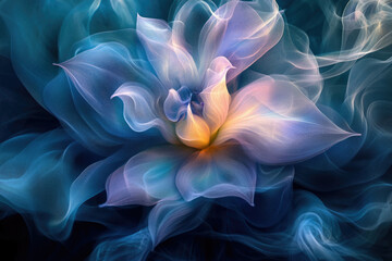 Obraz premium Abstract ethereal flower, delicate pastel hues swirling in a dreamy, dark blue background.