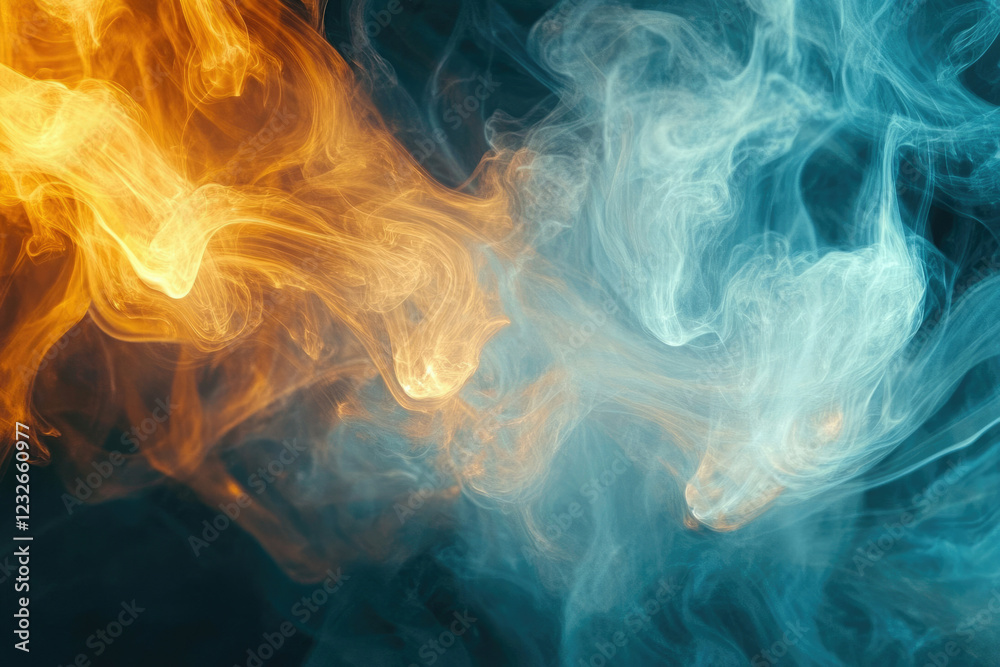 Aufkleber Abstract image of swirling teal and orange smoke, creating a dynamic and ethereal visual effect.