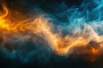 Abstract art depicting swirling orange and blue smoke, resembling a cosmic nebula or fiery clash.