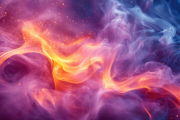 Abstract swirling smoke and fire with vibrant colors and golden sparks creating a magical, ethereal scene.