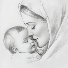 Tender Pencil Sketch of Mother and Baby