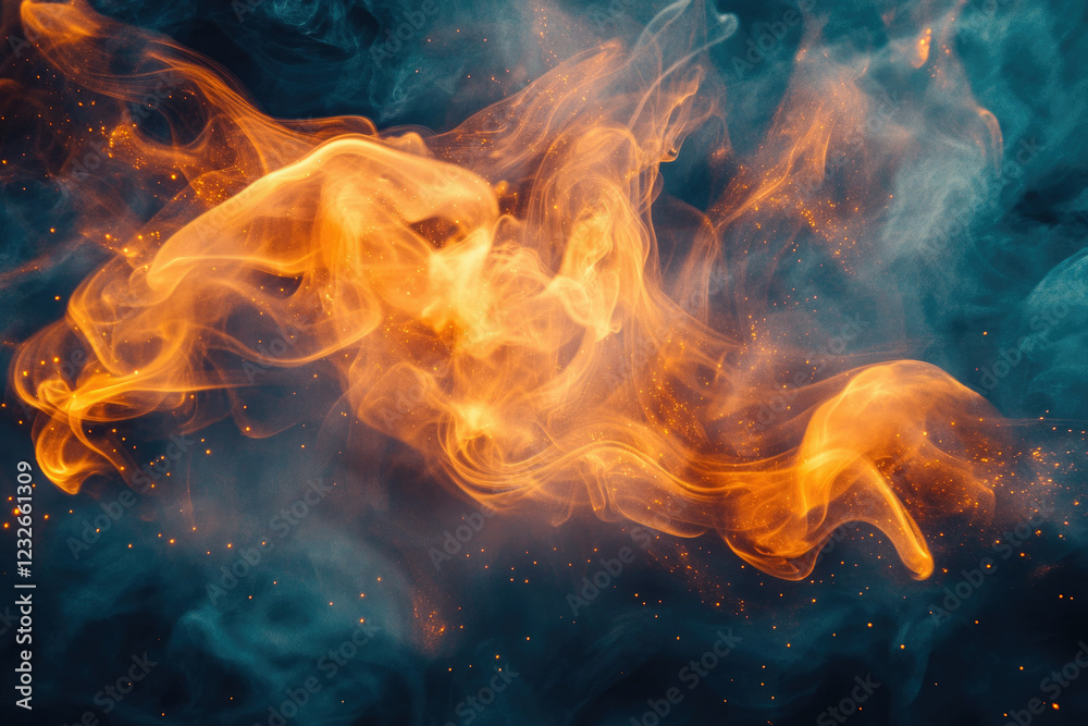 Poster abstract image of swirling orange and blue smoke with golden sparks, creating a mystical and etherea
