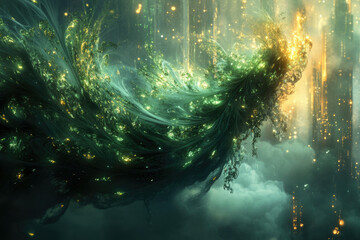 A swirling nebula of emerald and gold, luminous strands intertwine in a cosmic dance, creating a breathtaking ethereal spectacle.