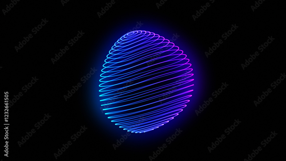 Wall mural neon glowing 3d sphere of blue and purple gradient strings on black. abstract futuristic 3d figure o