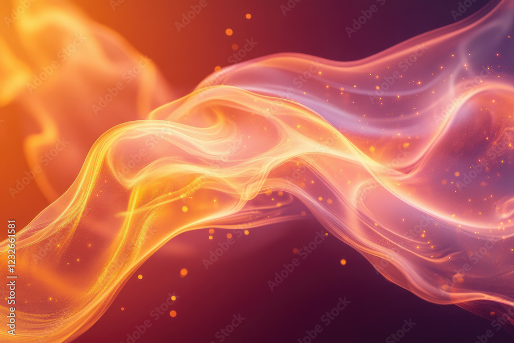 Poster Abstract flowing orange and pink waves with glowing particles, creating a dreamy, ethereal atmosphere.