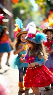 Children in Carnival Costumes Dance Joyfully Down a Cobblestone Street