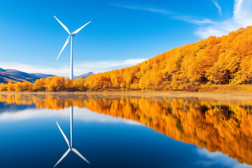 Obraz premium A wind turbine stands tall reflecting in tranquil water surrounded by vibrant autumn trees. This serene landscape captures the essence of renewable energy in nature's beauty