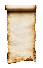 Empty old open parchment scroll, blank antique vertical paper banner, transparent background PNG