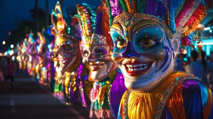Obraz premium Vibrant Masks at Nighttime Carnival Parade