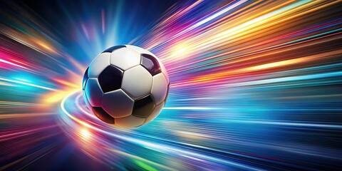 Fototapeta premium Soccer ball bouncing high in the air, with blurred motion lines and vibrant colors, capturing a moment of dynamic movement and energy , blurred motion, ball in flight