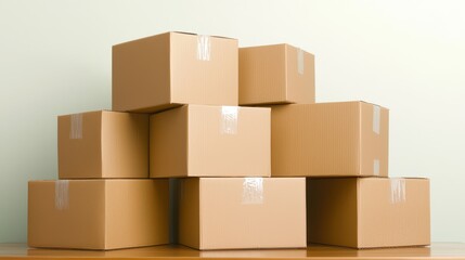 Fototapeta premium Stacked Brown Cardboard Boxes on a Wooden Surface Against Wall