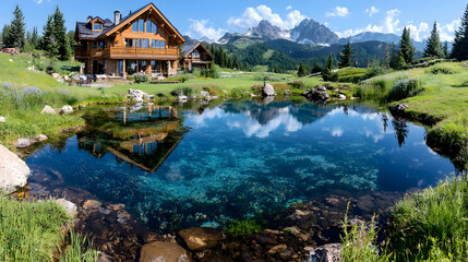 Fototapeta premium Mountain chalet reflection, tranquil pond, Alps
