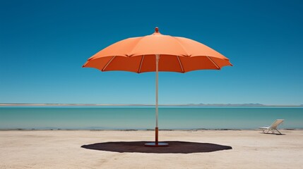 Fototapeta premium A minimalist image of a sun drenched beach with a single, colorful beach umbrella casting a shadow on the white sand.