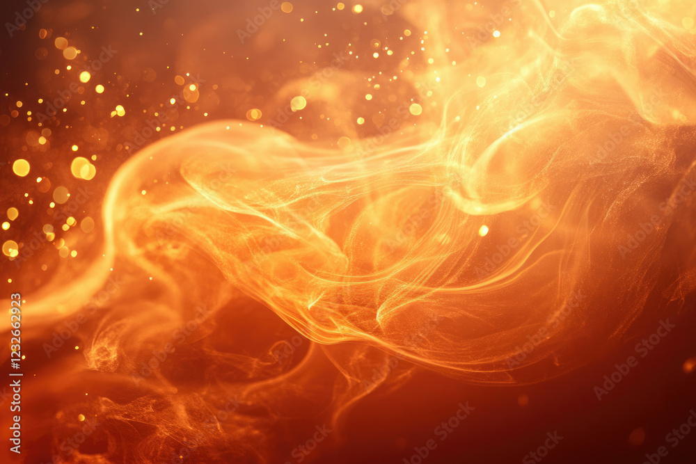 Poster abstract fiery orange smoke swirls with golden bokeh, creating a vibrant and energetic visual.