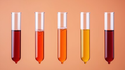 Obraz premium Colorful Liquid Experiments in Test Tubes on Orange Background