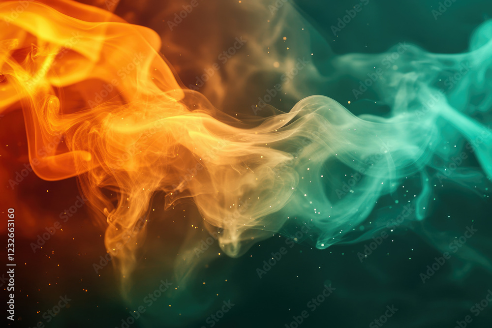 Poster abstract image of swirling orange and teal smoke with sparkling particles.