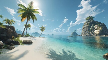 Tropical beach paradise, sunny sky, island backdrop, vacation getaway